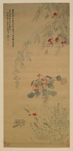 倒れた花、好奇心旺盛な魚、清朝、18世紀初頭（シルクの色）